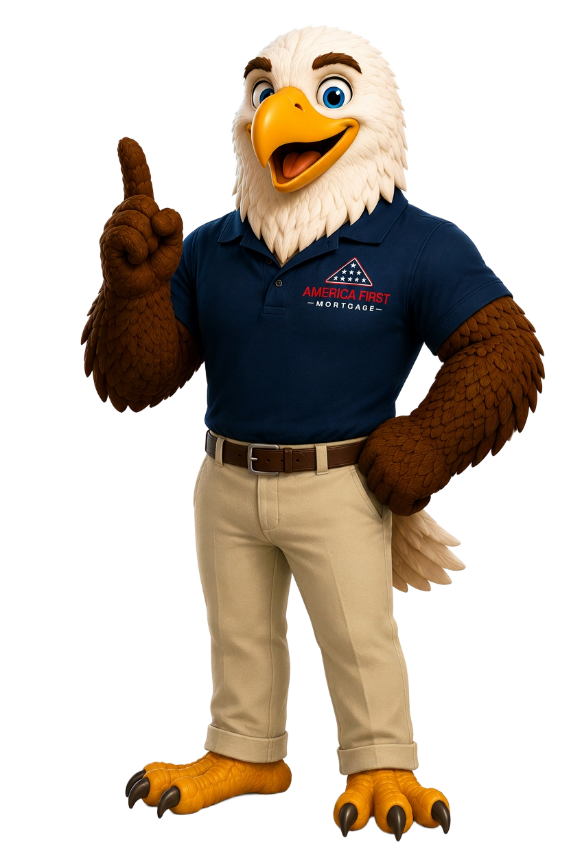 Abe the Eagle pointing upward with a friendly smile